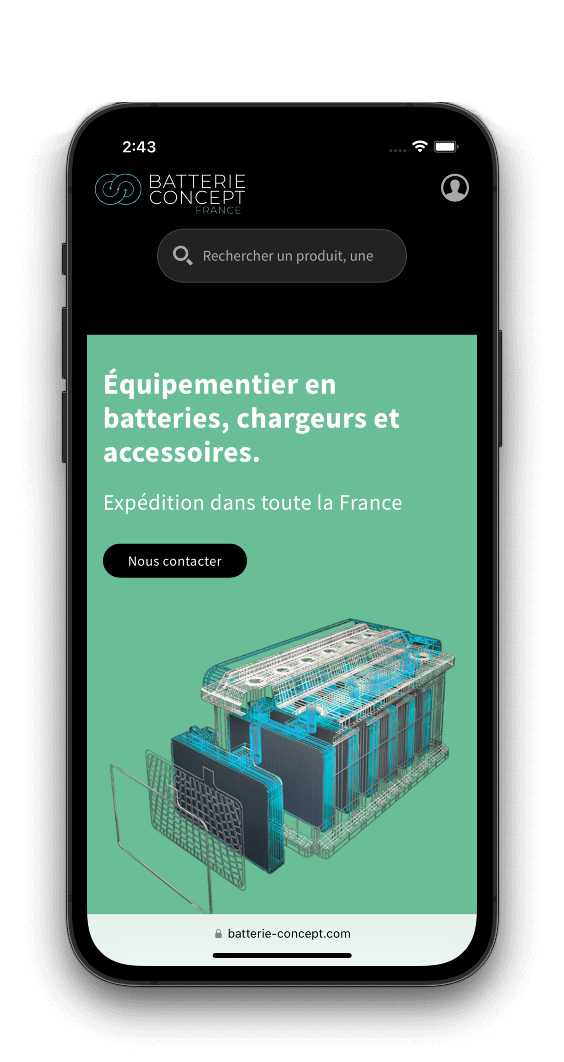 La page d'accueil du site internet en version mobile de Batterie Concept à Aubigny-Les Clouzeaux (85430) réalisé par l'agence digitale EB à Nantes (44200)