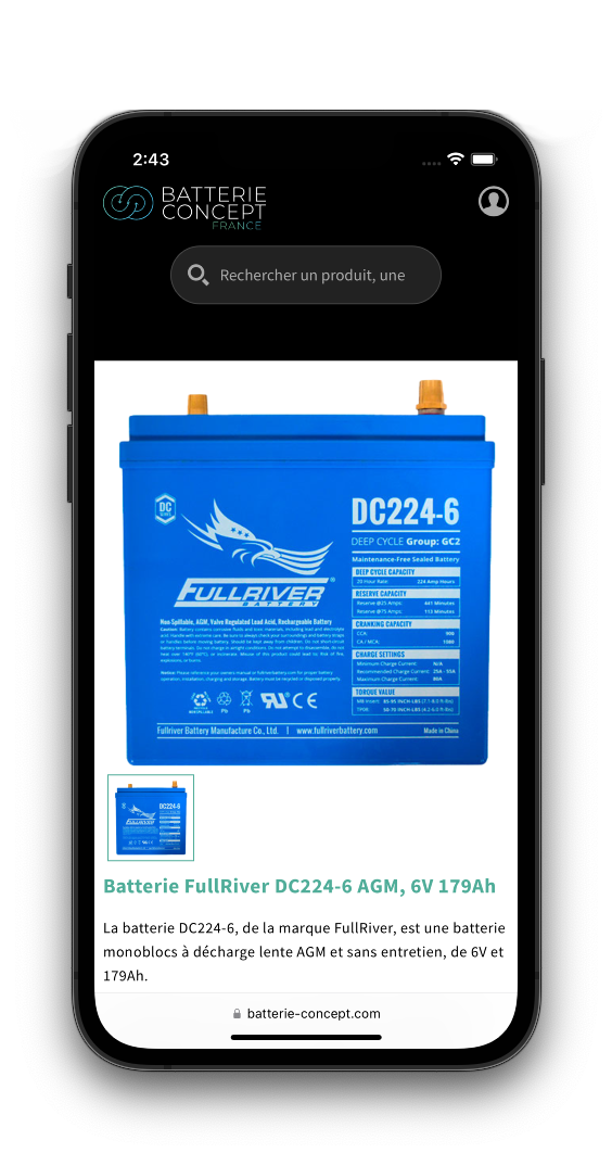 Une fiche produit en version mobile de Batterie Concept à Aubigny-Les Clouzeaux (85430) réalisé par l'agence EB (44200)